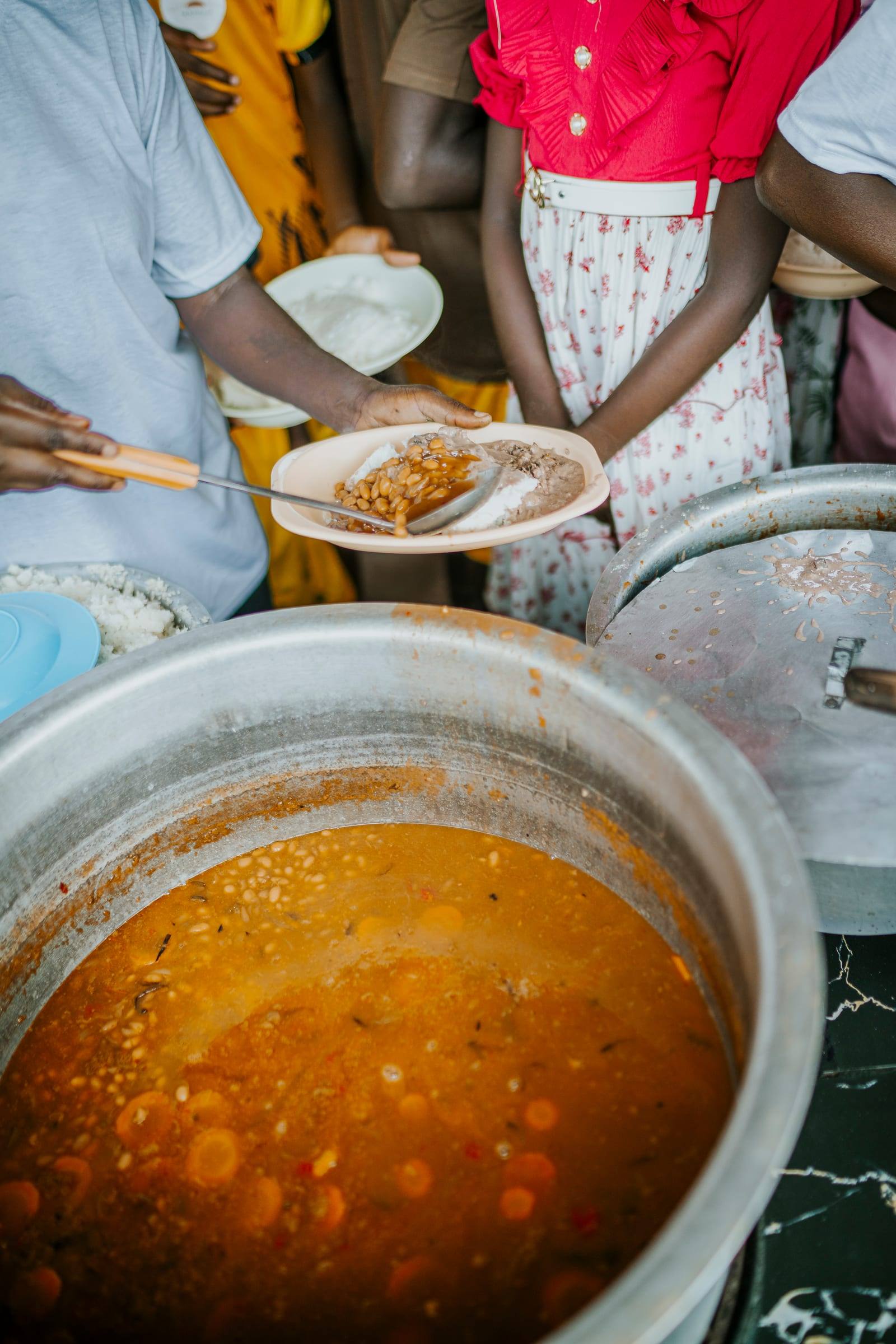 A plate is filled from a big pot of stew