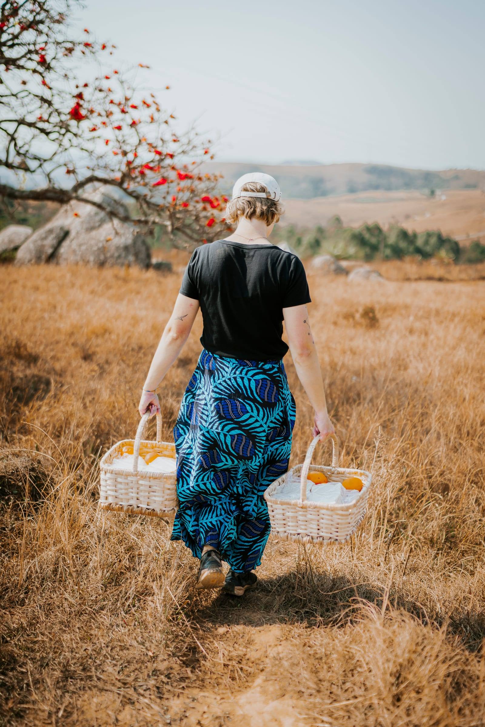 A woman carries two baskets of bread and oranges through tall golden grass